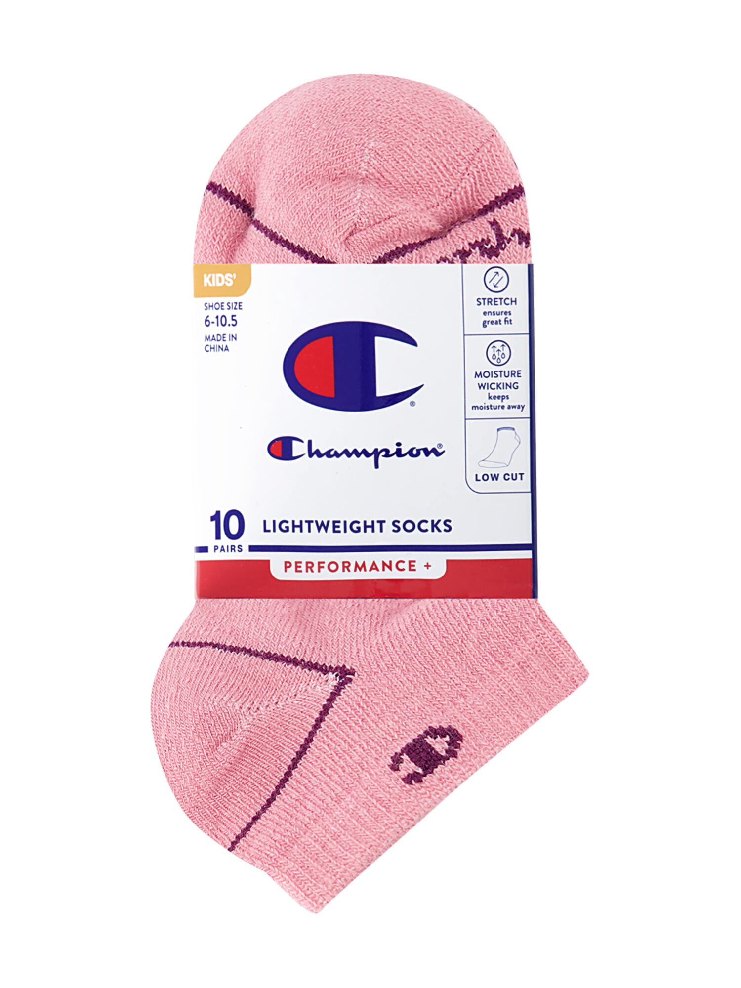 Champion Girls Lightweight Performance+ Kid Low Cut Socks, 10 Pack, Sizes S–L
