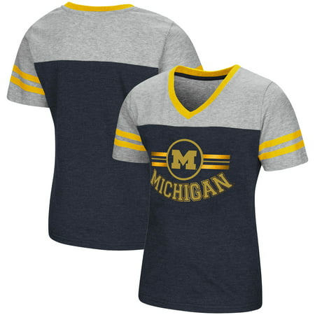 Michigan Wolverines Colosseum Girls Youth Pee Wee Football V-Neck T-Shirt - Navy/Heathered
