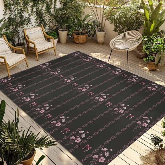 Spring Floral Outdoor Rug for Patio/Deck/Porch, Non-Slip Large Area Rug 3 x 5 Ft, Vintage Bohemia Flowers Leaves Bows Black Indoor Outdoor Rugs Washable Area Rugs, Camping Rug Carpet Runner