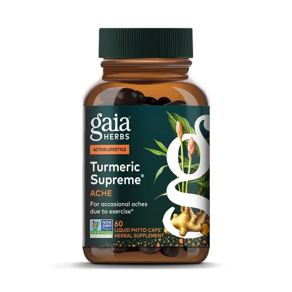 Gaia Herbs Turmeric Supreme Ache- Helps Provide Relief of Occasional Aches* - with Turmeric Curcumin, Black Pepper, Devil’s Claw, Ginger, Feverfew & More - 60 Liquid Phyto-Capsules(30-Day Supply)