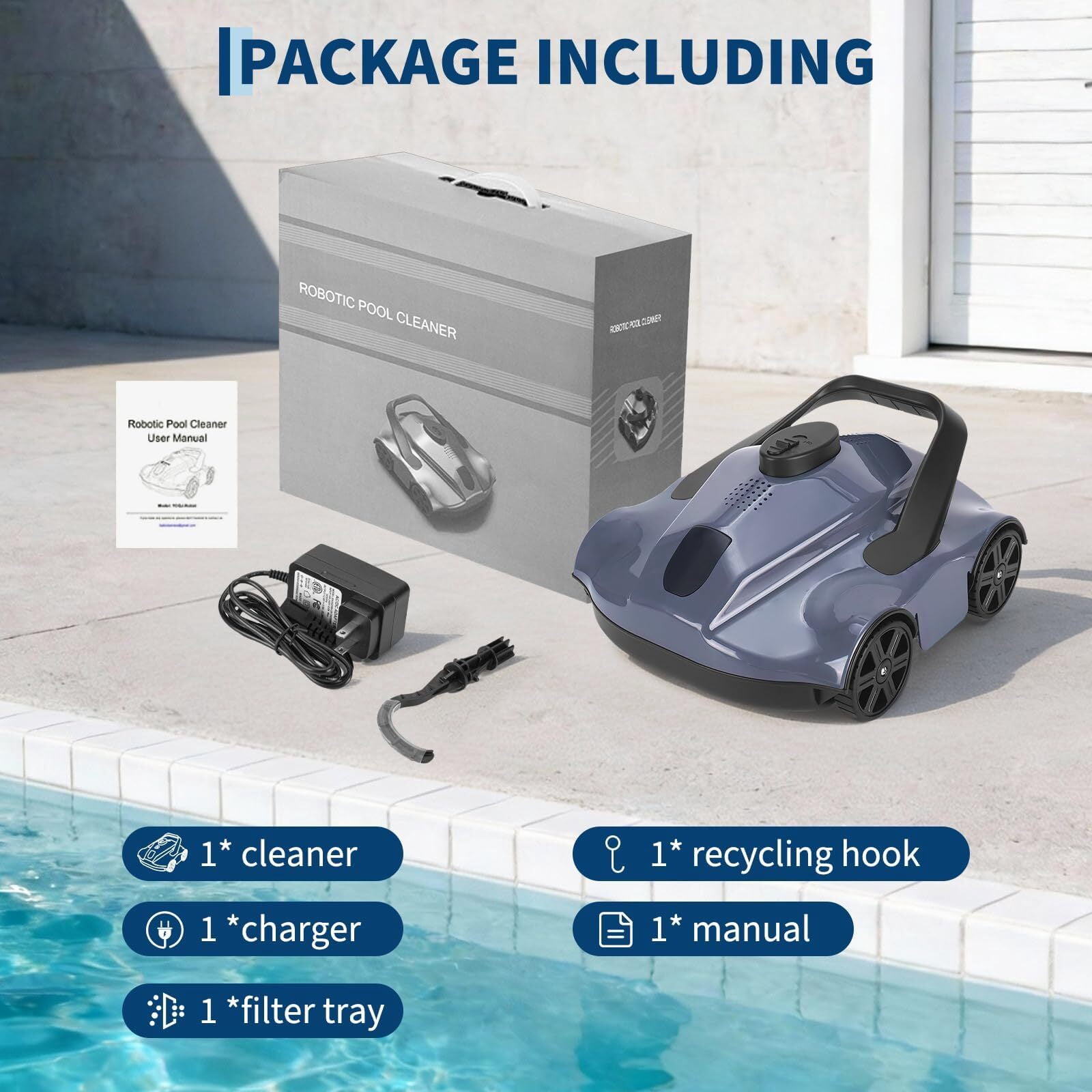 EuKer Pool Cleaner Robot, Automatic Pool Vacuum Robot with Smart Self-Parking and Auto-Drainage for Above-Ground/In-Ground Pools, Gray