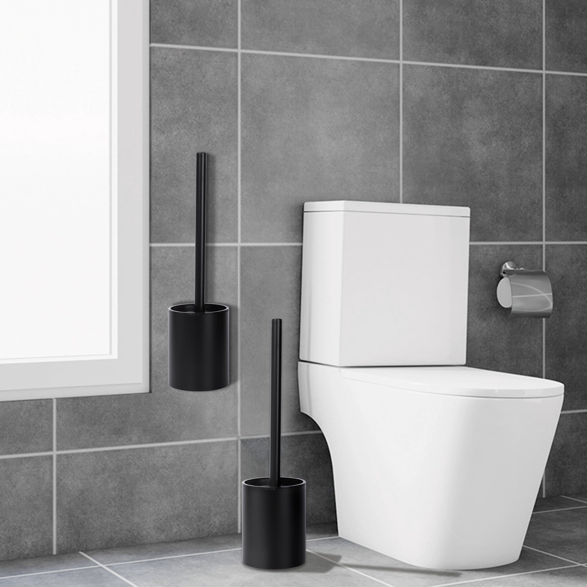 Unique Bargains Stainless Steel Toilet Bowl Brush and Holder Wall Mounted Black