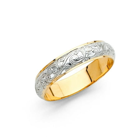 14k Gold Toe Wedding Ring Solid 14k Yellow White Gold Band Wedding Ring Filigree Dome Curve Two Tone Style Men Women 4 mm ()
