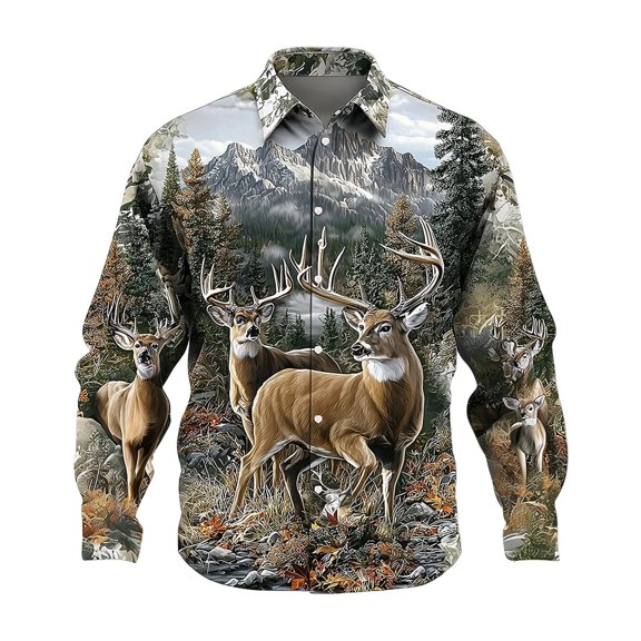 Men's Flip Collar Long Sleeve T-Shirt Reindeer Pattern Shirt Button Up Shirt 3D Print Stand Collared Shirt Tops