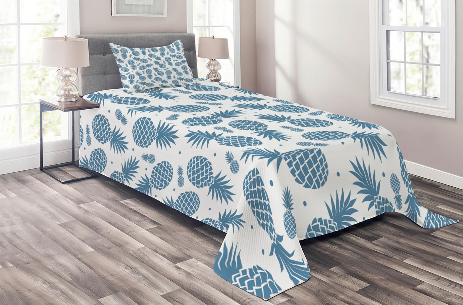 Pineapple Coverlet Set Twin Size, Island Themed Minimalistic MultiSized Tropic Fruity Pineapple