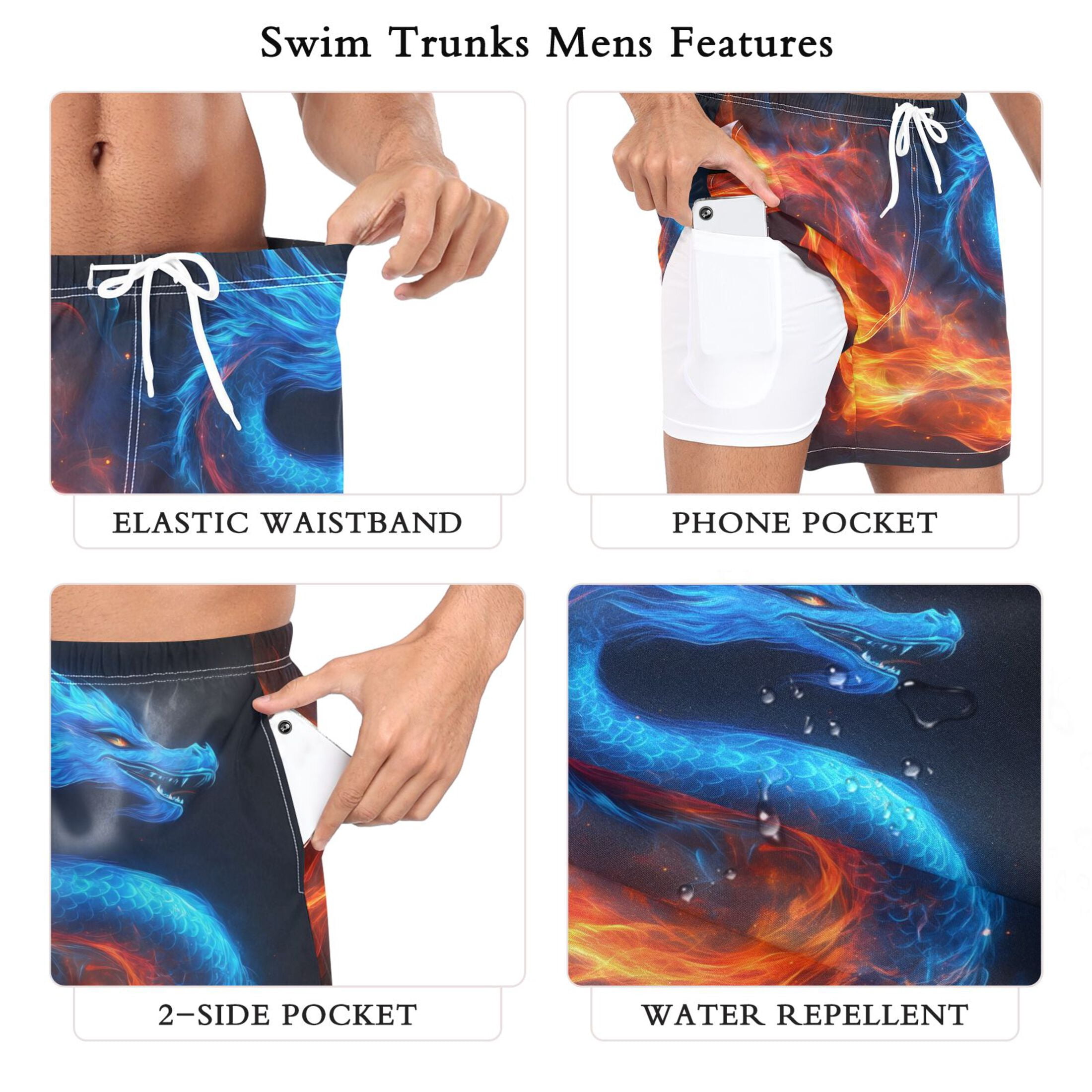 joogoo Men's Fire Dragon Swim Trunks with Liner Pocket Beach Shorts Medium
