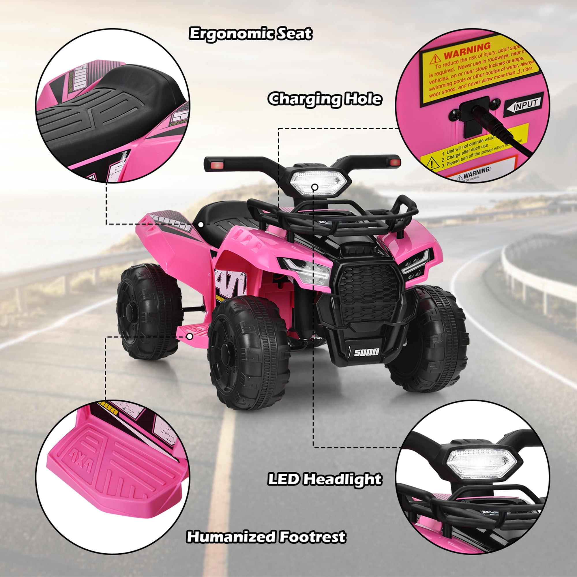 Gymax 6V 4 Wheels ATV Quad Ride On Car Kids Ride-On Toy w/ Music Horn LED Light Pink