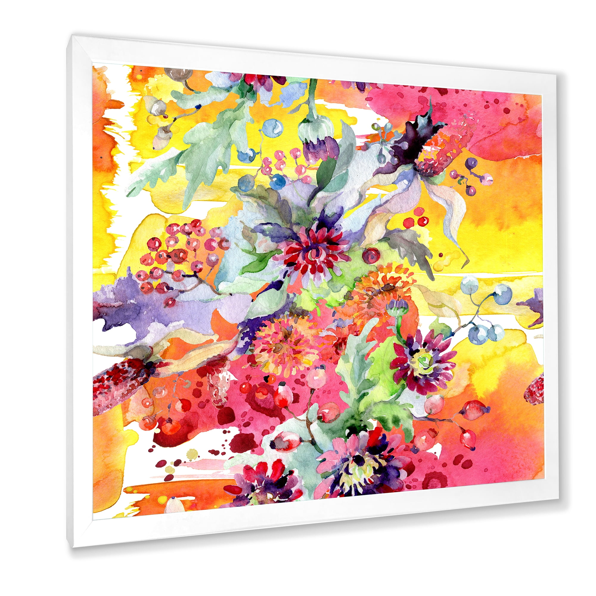 Wildflowers and Vibrant Wild Spring Leaves 30 in x 30 in Framed Painting Canvas Art Print, by Designart