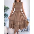 thumbnail image 4 of Women'S Ruffle Trim Flutter Sleeve Midi Dress Pleated Crew Neck Tiered Smocked Flowy Dresses Khaki L, 4 of 9