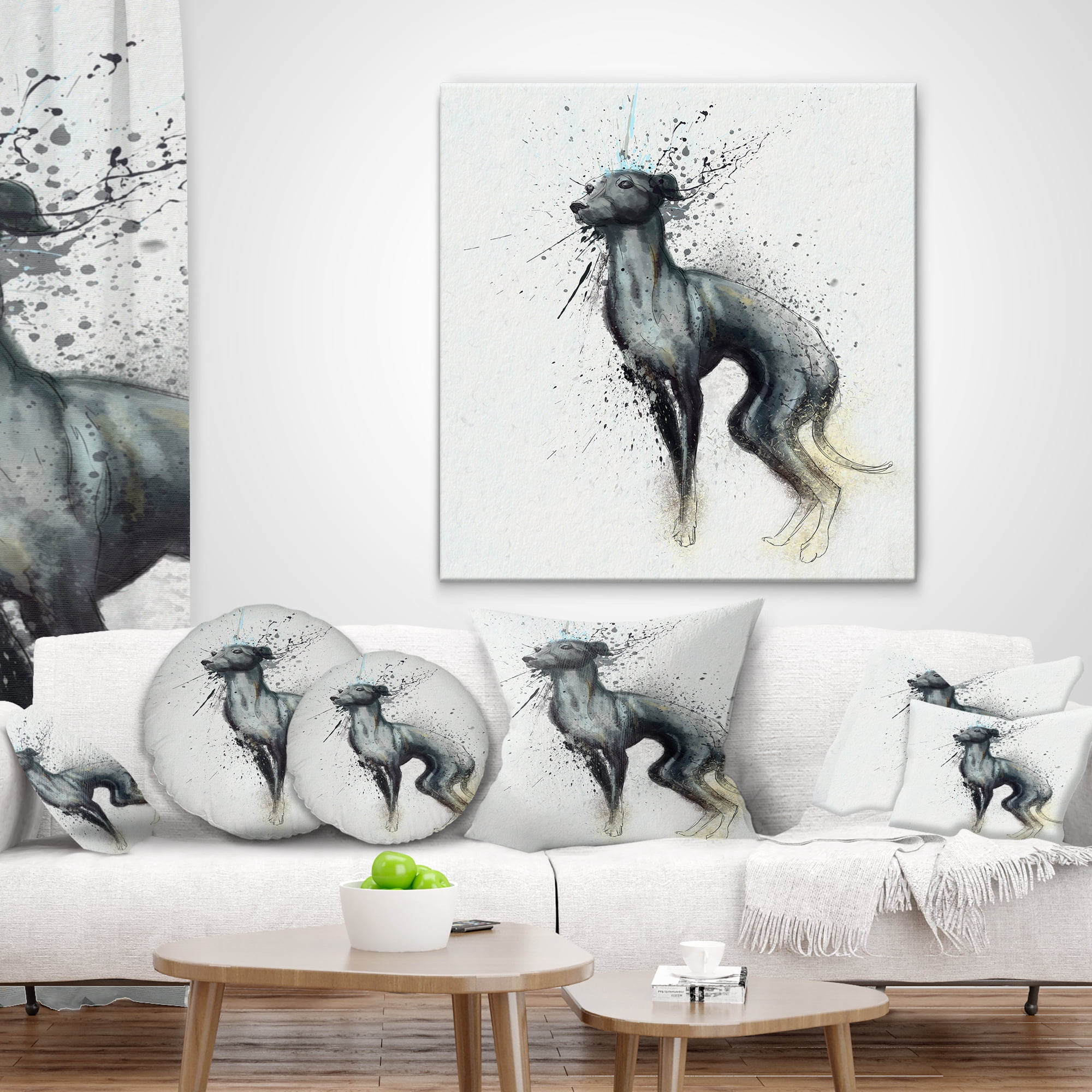 Designart Black Dog Watercolor with Splashes - Animal Throw Pillow - 12x20