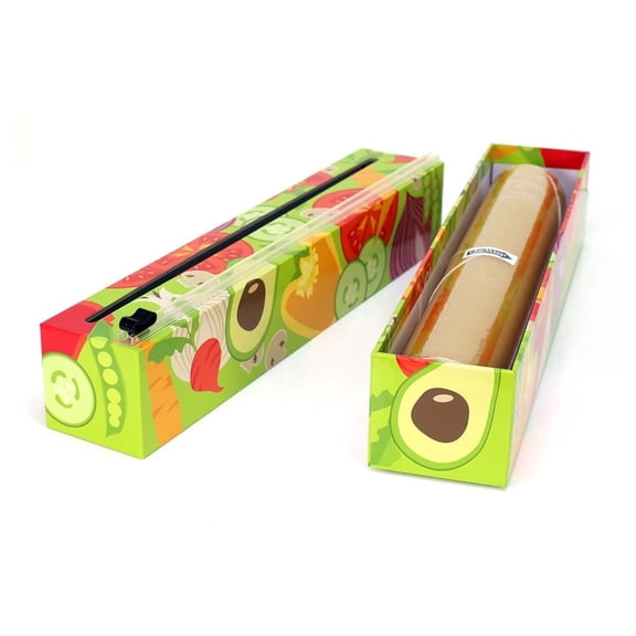 ChicWrap Veggies Plastic Wrap Dispenser - Refillable with 12" x 250' Roll of Professional Grade Plastic Wrap, Slide Cutter and Non-Slip Base.