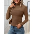 thumbnail image 2 of Women'S Sexy- Mock Turtle Neck Long Sleeve Tops Sheer Mesh Ruched Trendy Going Out Shirts Blouse Brown S, 2 of 7