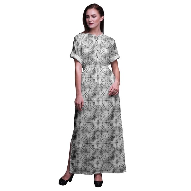 Bimba Robe Longue en Rayonne Imprimée de Graines et Feuilles de Frêne Européen Manches Kimono Été Maxi Fendue-Petit