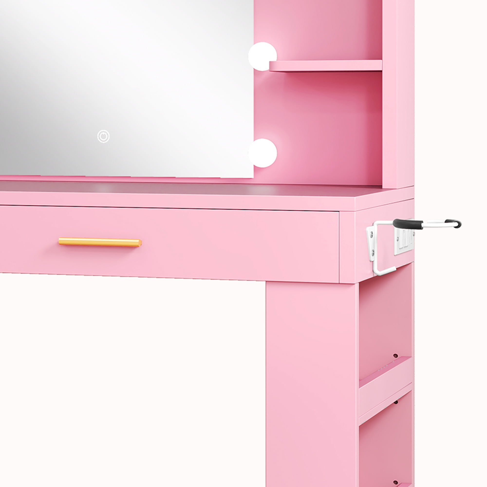 Uforic Engineered Wood 40" Pink Makeup Vanity Desk with LED Mirror, 4 Drawers, Hair Dryer Holder, and Shelves