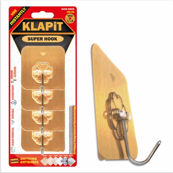 KLAPiT Super Hook Heavy-Duty Adhesive Gold Wall Hooks, 4 Pack, 2.4" x 2.4"
