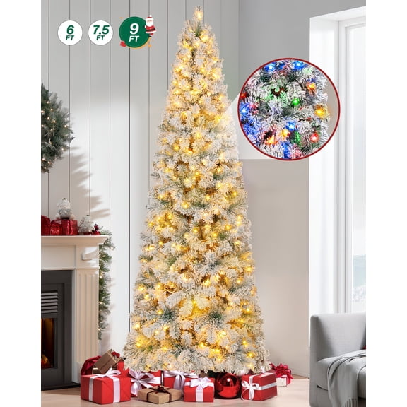 Firstness 9ft Pre-Lit Artificial Pencil Christmas Tree with 550 Multicolor LED Lights,Snow Flocked Xmas Tree
