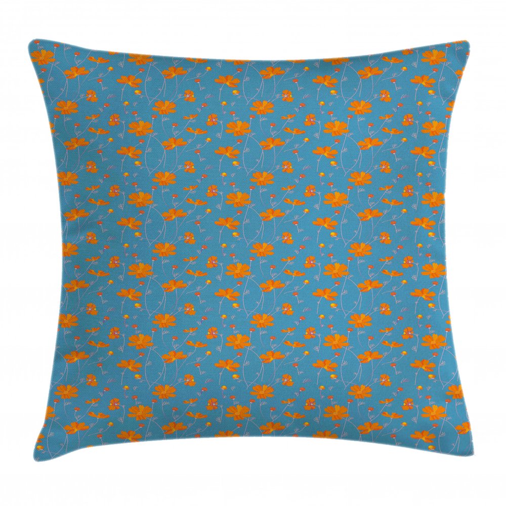Orange Blue Throw Pillow Cushion Cover, Sweet Flowers with Thin