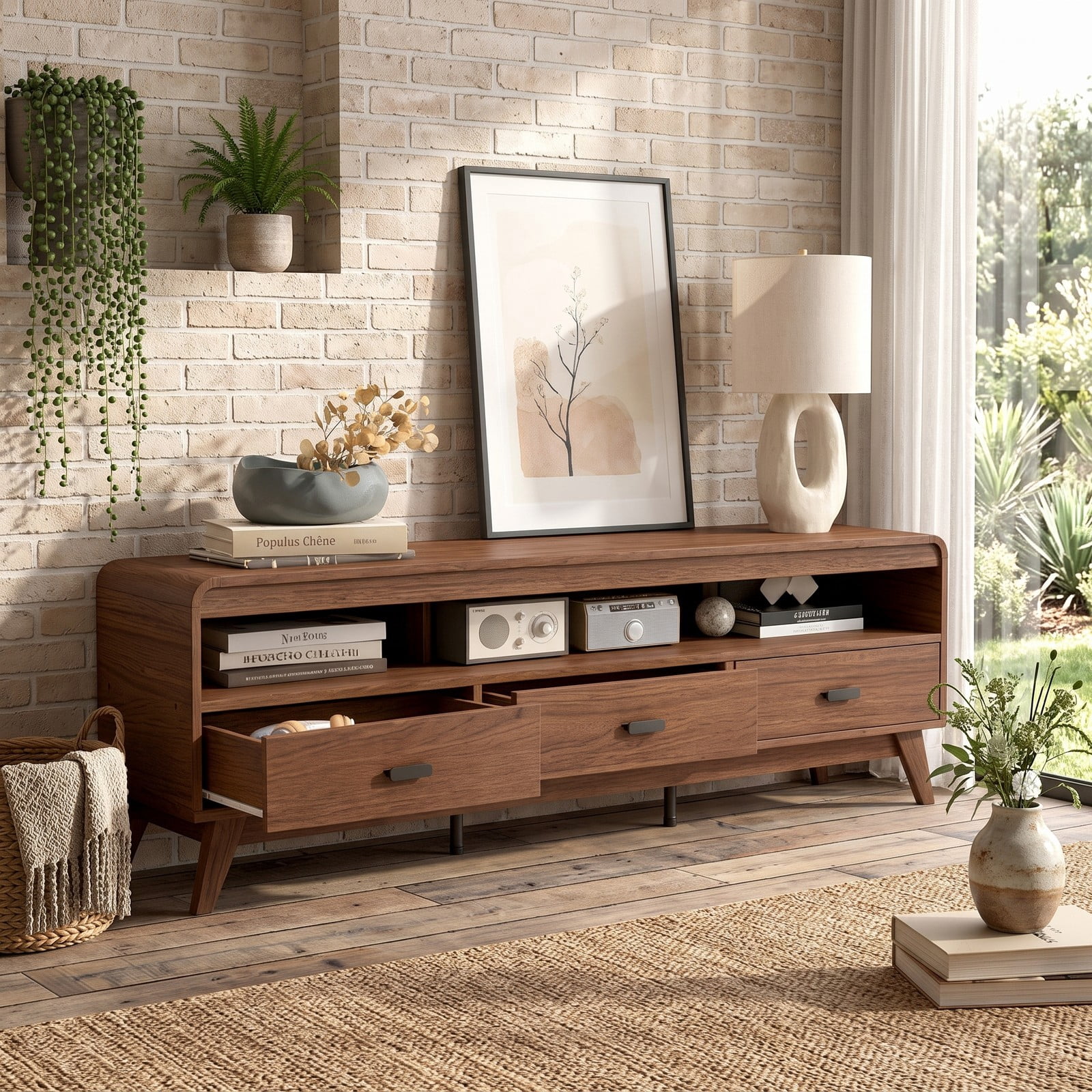 Furnibear Mid Century Modern TV Stand for TVs up to 70 Inch, Wood Entertainment Center Media Console with 3 Storage Drawers and Open Shelves for Living Room, Walnut