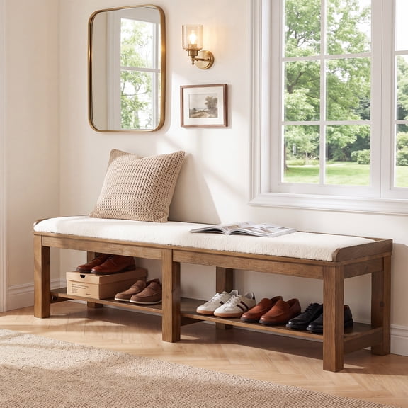 Finmind 62.99" Solid Wood Entryway Bench with Cushion, 2-Tier Shoe Storage, Farmhouse Style