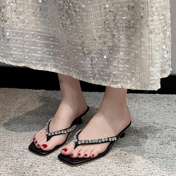 DIVVce Rhinestone Thong Kitten Heel Mules For Women Square Toe Slip On Evening Dress Casual Footwear