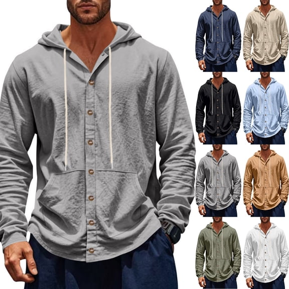 Mens Linen Long Sleeve Button Down Shirts with Pockets Casual Beach Shirts Lightweight Fashion Hoodies Khaki M