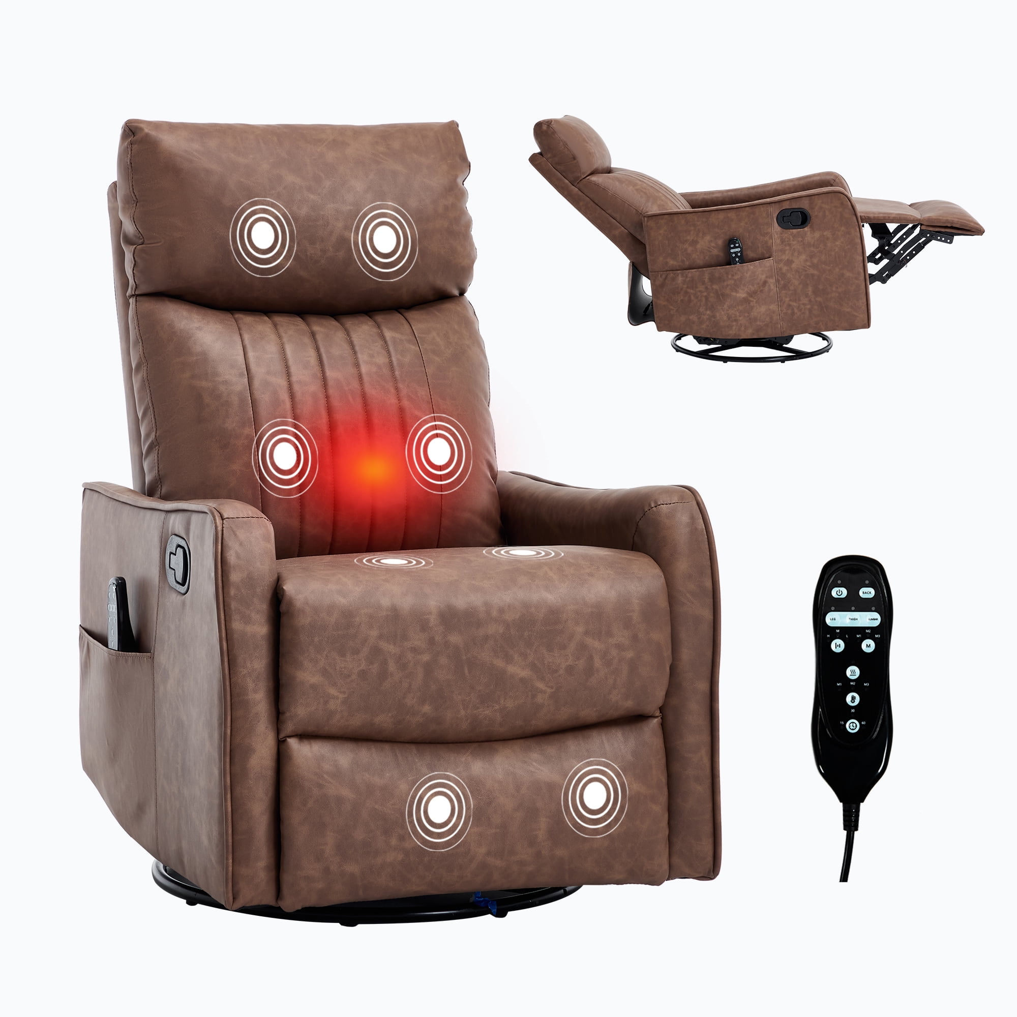 Aukfa Massage Recliner Chair with Heat, Faux Leather 360° Swivel Rocker Recliner, Overstuffed Manual Reclining Glider Chair with Vibration, Brown