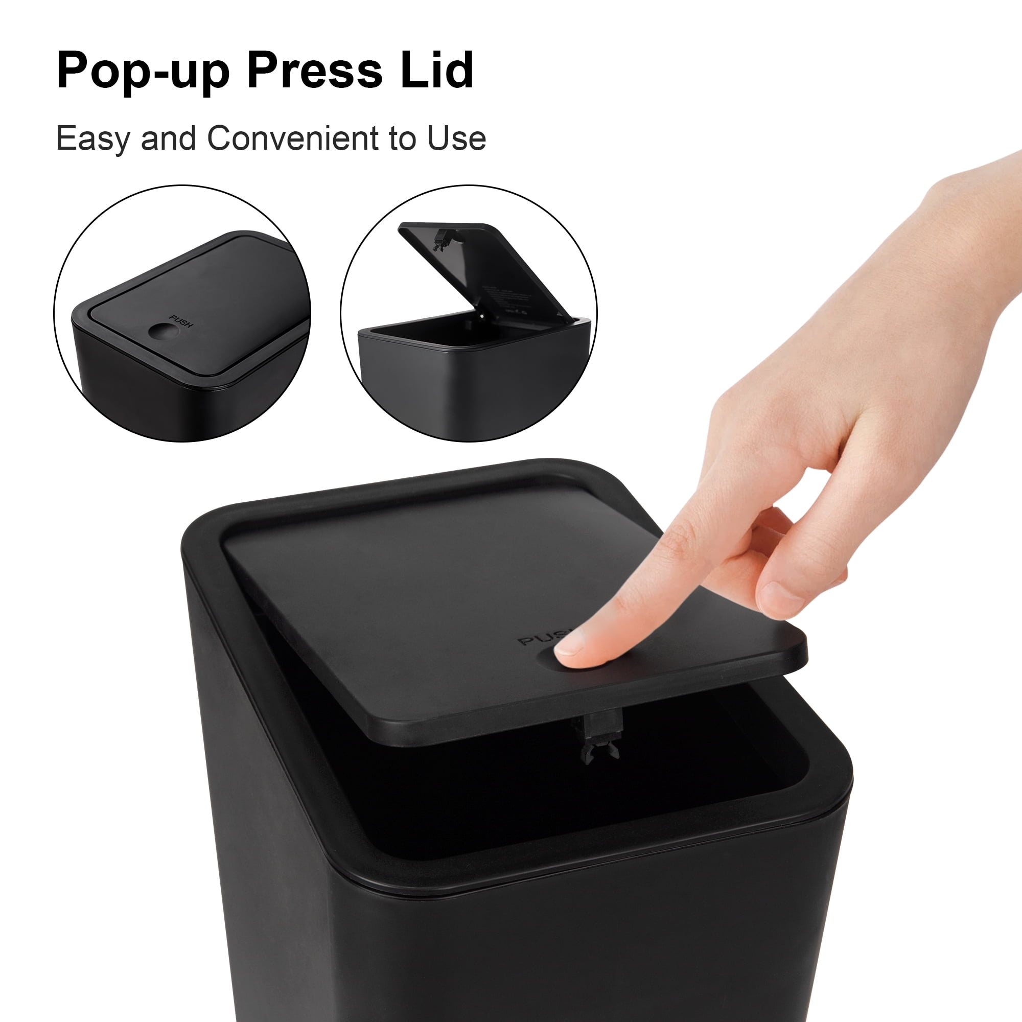 2 Pack Plastic Trash Can with Press Top Lid, 2.6 gal Modern Garbage Can, Small Wastebasket for Bathroom, Black