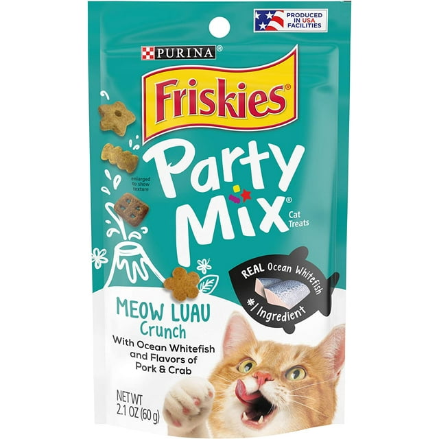 Purina Friskies Party Mix Cat Treats, Meow Luau Crunch with Ocean Whitefish & Flavors of Pork & Crab, Cat Treats for Adult Cats, 2.1-Ounce Pouch (Pack of 3)