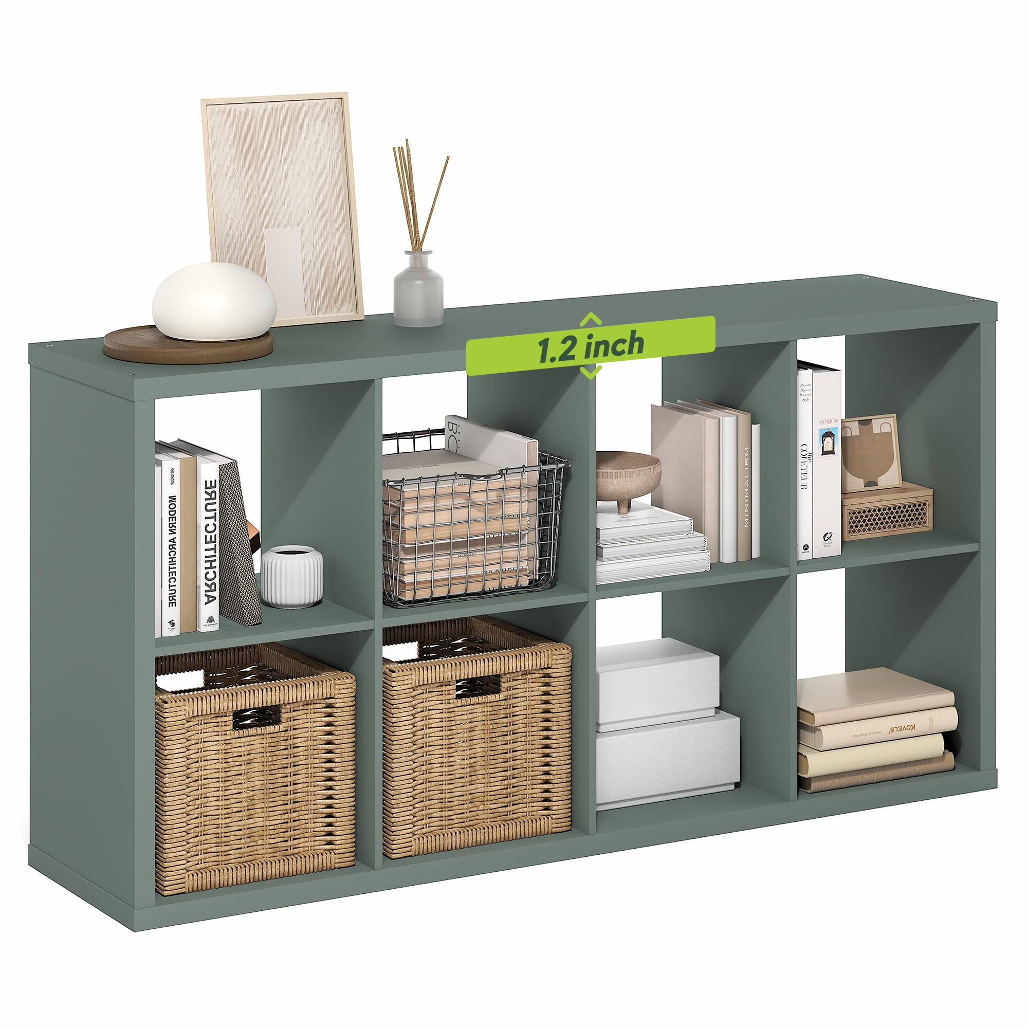 Furinno CUBICLE Book Shelf, 8-Cube Thick Frame Bookshelf, Horizontally & Vertically Reversible Bookcase with Open Back, 14.6" x 30" x 57.9", for Living Room, Bedroom, Home Office, Sage Green
