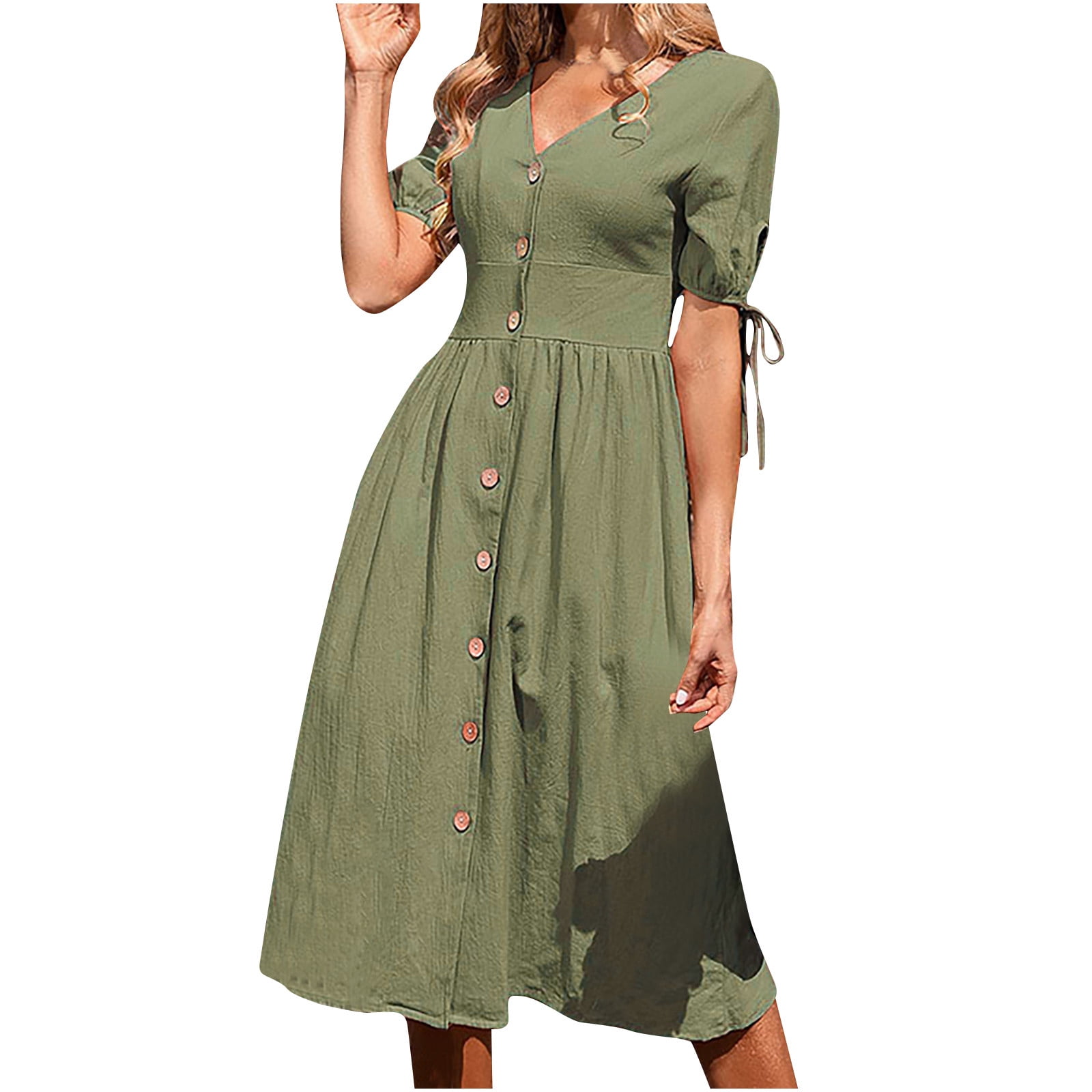 Sun Dresses for Women V Neck Button Down Cotton Linen Dress Solid Color ...