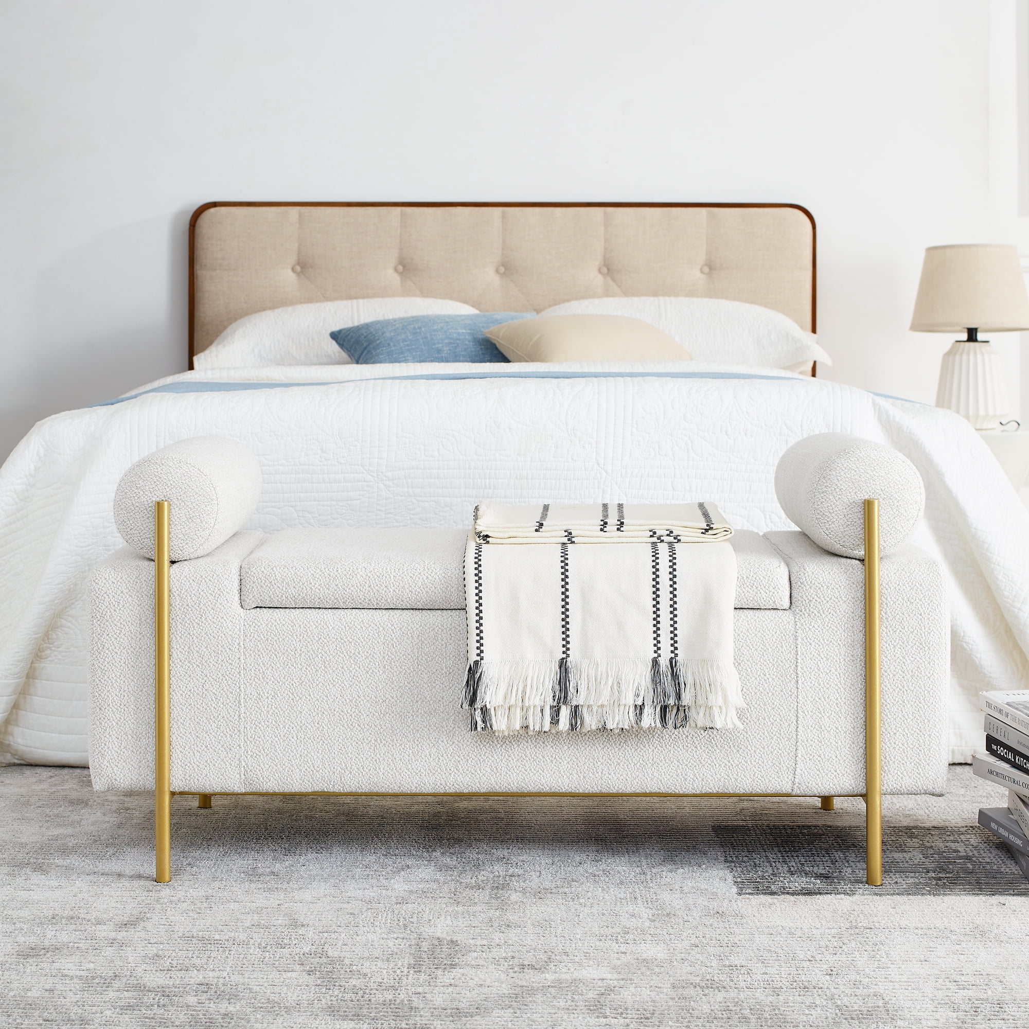 Gewnee Multifunctional Storage Bench - Soft Linen Cushion, Sturdy Iron Legs, White - Ideal for Window Seats & Ottomans