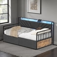 thumbnail image 3 of Tcbosik Daybed with Charging Station and LED Lights, Twin Size Sofa Bed with 2 Drawers, Metal Bed Frame with Upholstered Headboard, Space Saving & Easy Assembly, Black+Grey, 3 of 8