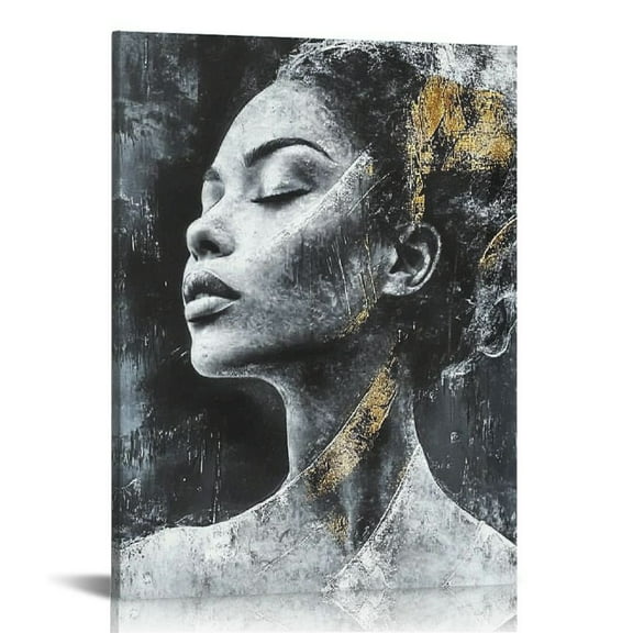 Black and White African Person Picture Decor Wall Art Fashion Black Women Girl Painting Canvas Artwork for Bathroom Women's Room Walls