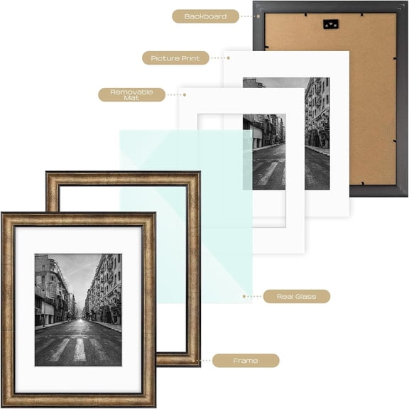 11x14 Photo Frame with Mat for Pictures 8x10 and Real Glass (Dark Gold Brown & Bronze Pewter Panel with White Color Mat, 1.25 Inch Frame Border)