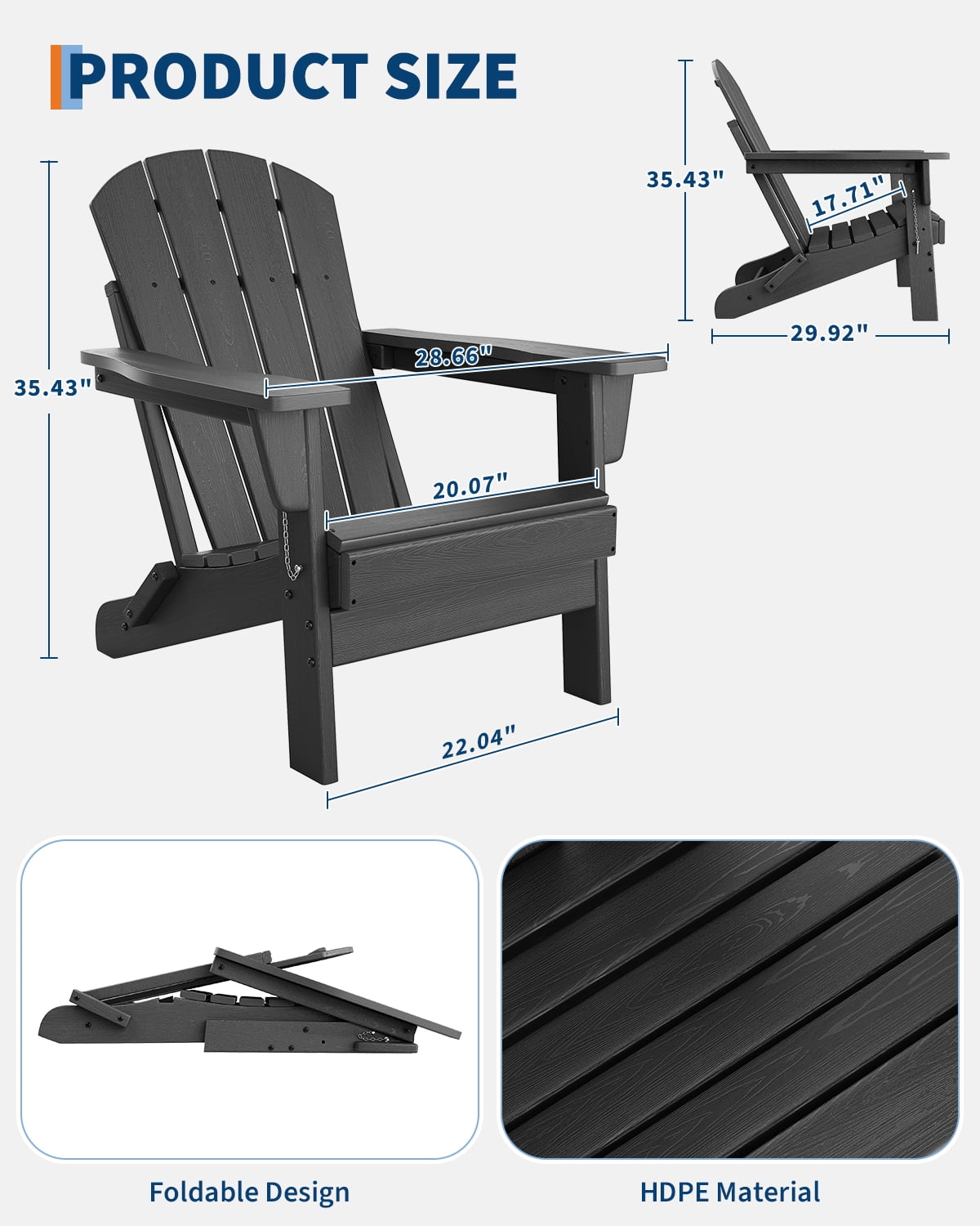 Folding Adirondack Chairs, HDPE Plastic Outdoor Chairs with Wood Texture - 380Lbs & Weather Resistant for Fire Pit, Deck, Patio, Pool, Backyard