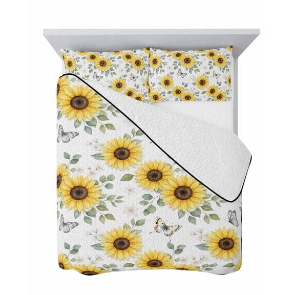 Yellow Sunflower 3 Piece Quilt Set Queen Size, Watercolor Butterflies Plant Farmhouse Rustic Country Soft Bedspread Coverlet Bedding Set Microfiber Comforter Set with 2 Pillowcases for Bedroom