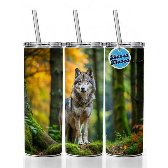 Wolf In The Forest 20oz Insulated Water Bottle Skinny Tumbler Includes Straw
