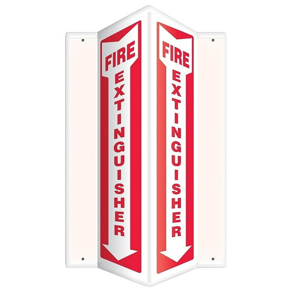 Fire Extinguisher Sign, 12 in Height, 7 1/2 in Width, Plastic, V-Shaped, English