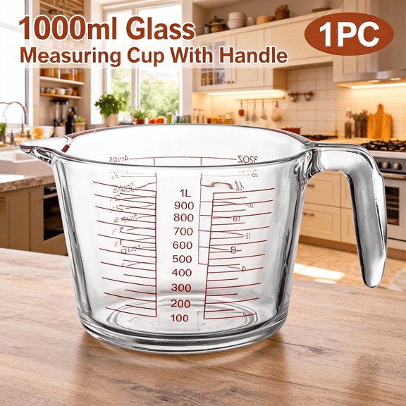 Large Measuring Cup for Kitchen - 1000ml Heatproof Borosilicate Glass Jug with Handle,Microwave Oven Dishwasher Safe,Clear Measurement for Baking Cooking,Durable Tool