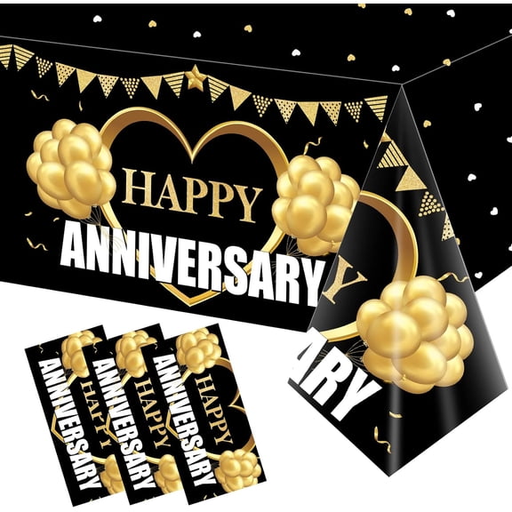 3 Pack Happy Wedding Anniversary Tablecloth Decorations Black Gold Themed Table Cover Party Supplies 25th 30th 40th 50th 60th Plastic Disposable Rectangular Cloth Decor