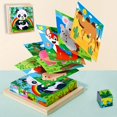 thumbnail image 2 of Wooden Block Puzzle Toddler 1-3 Years Kid Early Education Montessori Learning Games, Preschoolers Cube Animal Puzzle With Storage Tray, Montessori Toys Six Side Cube Jigsaw Puzzles Animal Traffic, 2 of 4