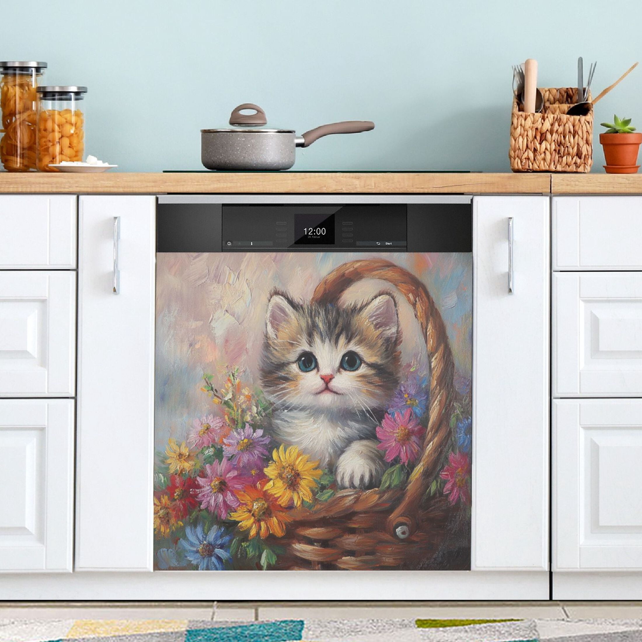 Dishwasher Magnetic Sticker 23x26 Inch Refrigerator Magnetic Sticker Washing Machine Magnetic Sticker Kitchen Panel Magnetic Sticker Home Decor Flower Basket Kitten