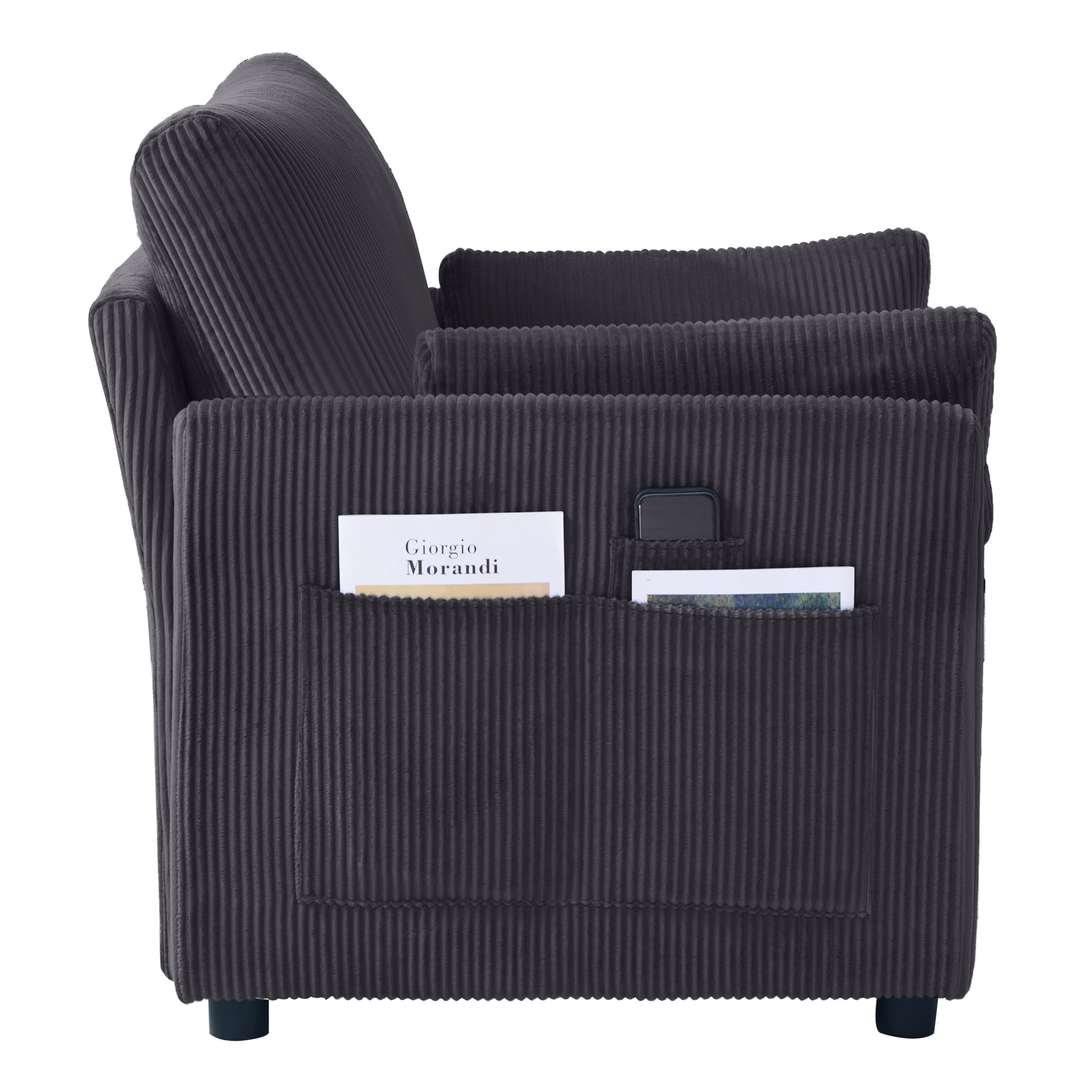 Leumius Corduroy Accent Chair, Modern Upholstered Single Sofa Armchair with 2 Pillows and Side Storage Pockets,Comfy Oversized Reading Chair for Living Room, Bedroom, Apartment,Blue