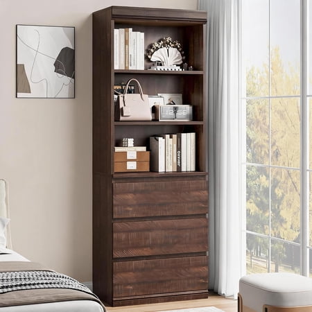 70 Inch Tall Bookcase with 3 Drawers and 3 Open Shelves Modern Handleless Storage Cabinet Freestanding Shelf for Living Room Office Study Walnut