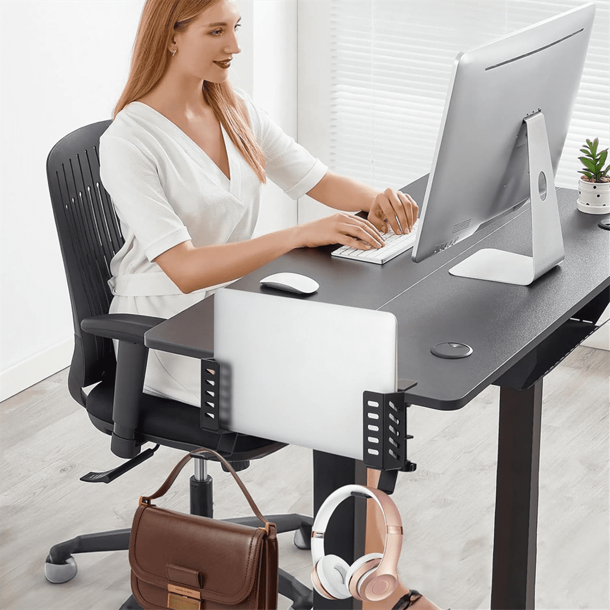 Desk Side Vertical Laptop Stand,No Drill Laptop Desktop Mount,Hanging Laptop Holder for Desk Side,Clamp on Desk Black