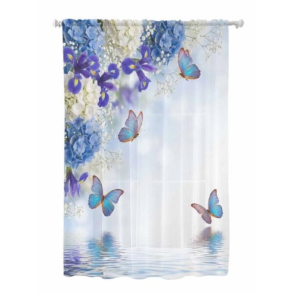 Sheer Curtains 72 Inches Long, Blue Purple Floral Semi Sheer Curtains Light Filtering Window Treatment, Ombre Butterflies Modern Art Spring Privacy Voile Drapes for Living Room Bedroom 52x72 Inch