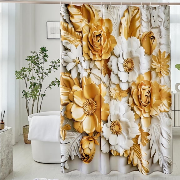 Elegant Floral Shower Curtain 72x72 in, Gold & White Blooms with Soft White Leaves, Waterproof Washable Fabric, Hooks Included