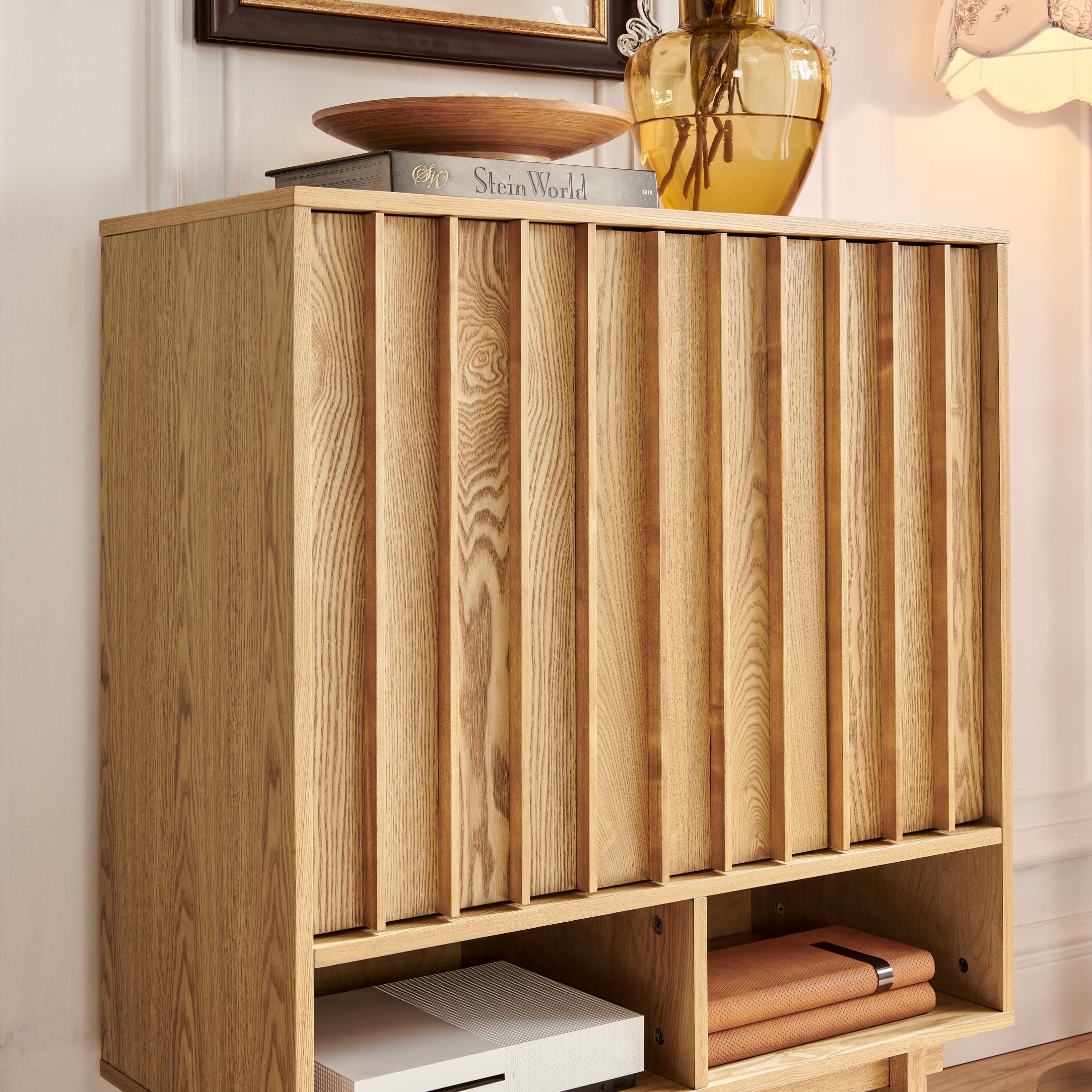 GDF Studio 31.6" Mid-Century Modern Sideboard Cabinet with 3 Doors, Adjustable Shelves, Natural
