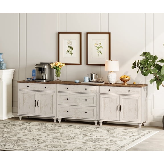 WAMPAT Sideboard Cabinet with 5 Drawers and 4 Doors, Vintage Wood Grain Design, Buffet Cabinet with Storage, Coffee Bar for Dinning Room, Kitchen & Living Room, Rustic White, 101 inch