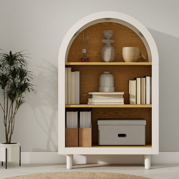 CQSXDA Arched Small Bookcase with 3 Wooden Shelves in White and Woodgrain, Perfect Storage Solution for Any Room
